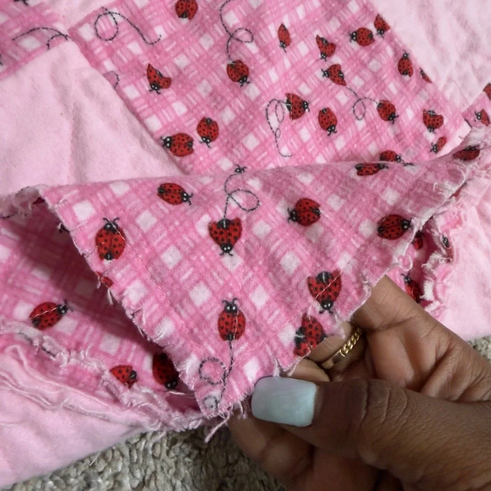 Handmade Baby Girls‎ Cotton Quilt Pink Ladybug Gingham Patchwork Nursery Blanket